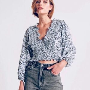 Abercrombie & Fitch White, blue and black Textured Blouse